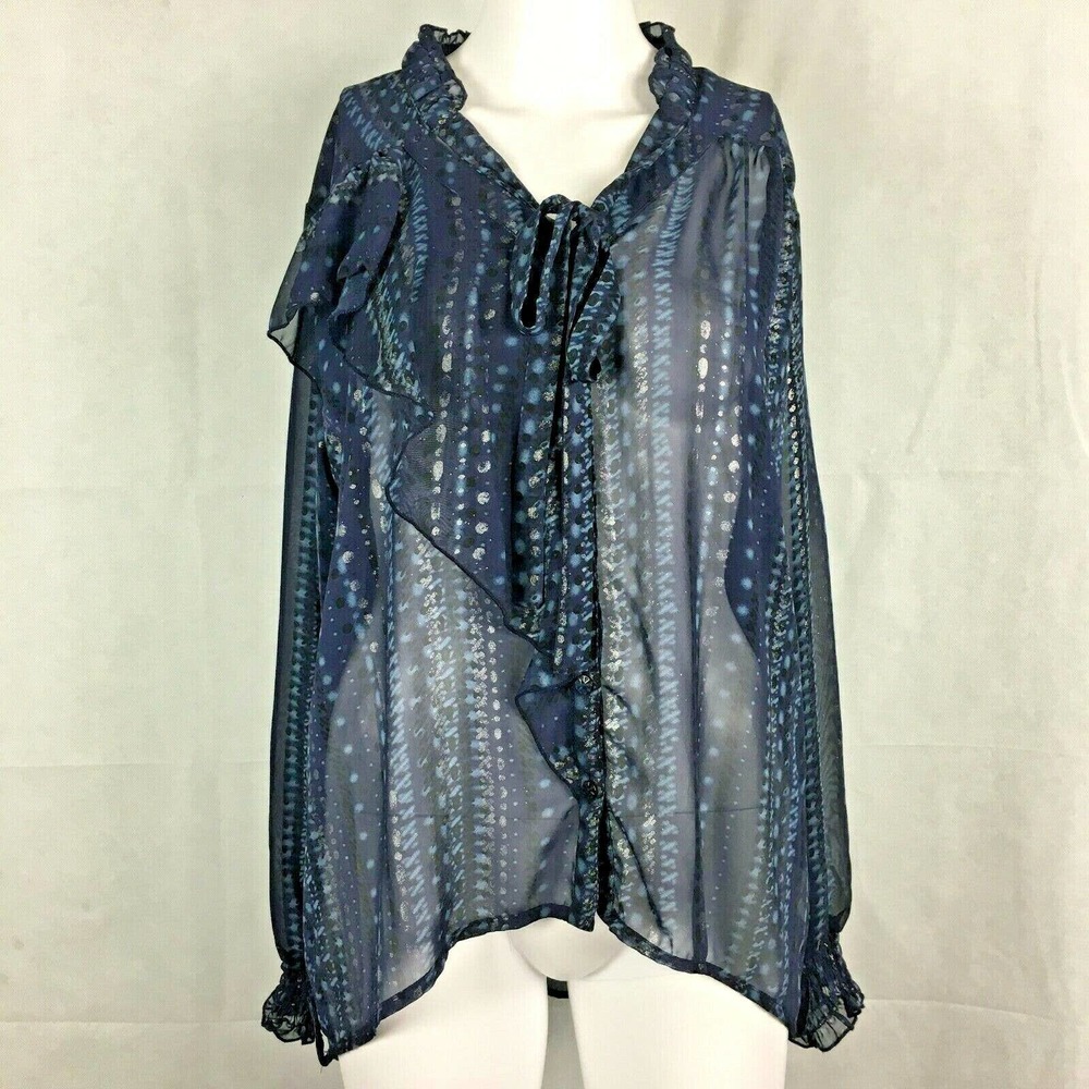 Democracy Shirt Womens Sz S Navy Blue Chiffon Long Sleeve Flow Semi Sheer Top